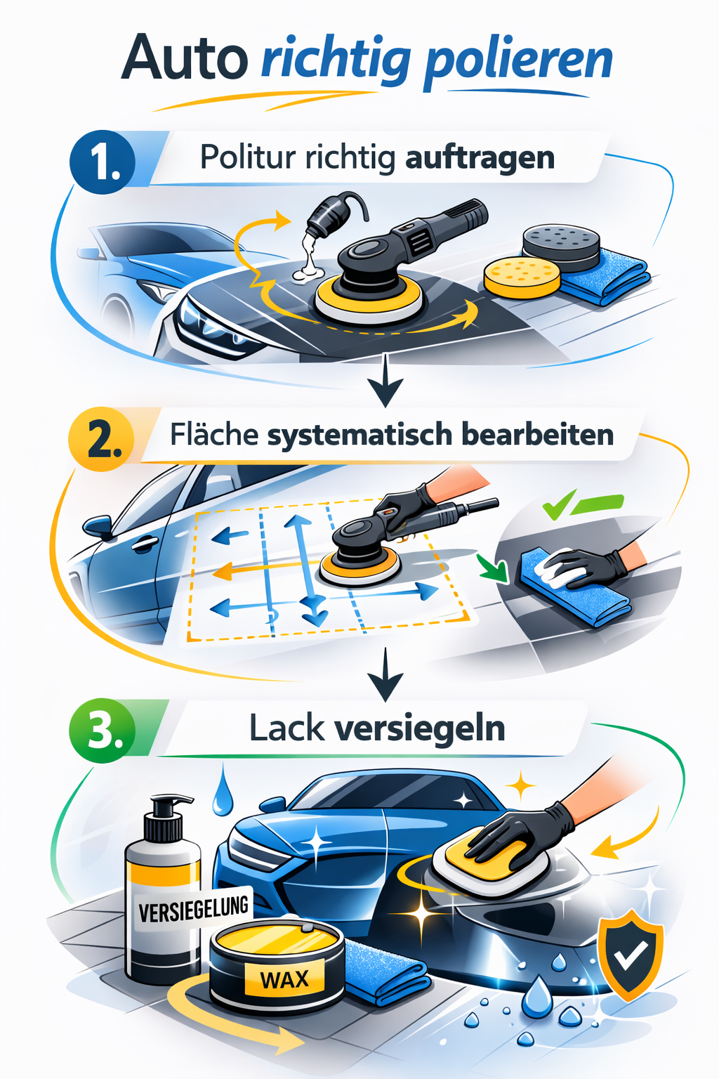 Infografik Auto richtig polieren in 3 Schritten